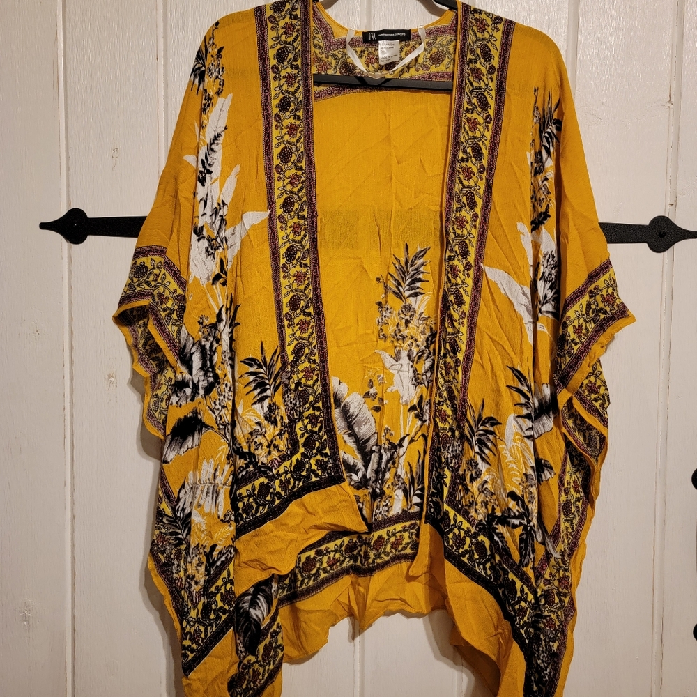 INC International Concepts Womens Coverup Mustard Floral Kimono